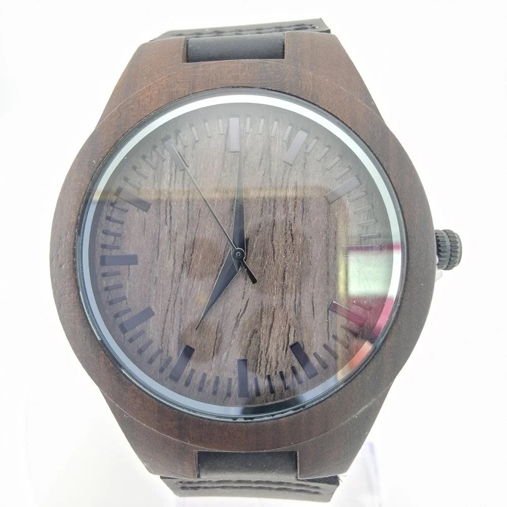 Men's Minimalist Wood Watch Engraved Sandalwood Black Leather Strap 8.5